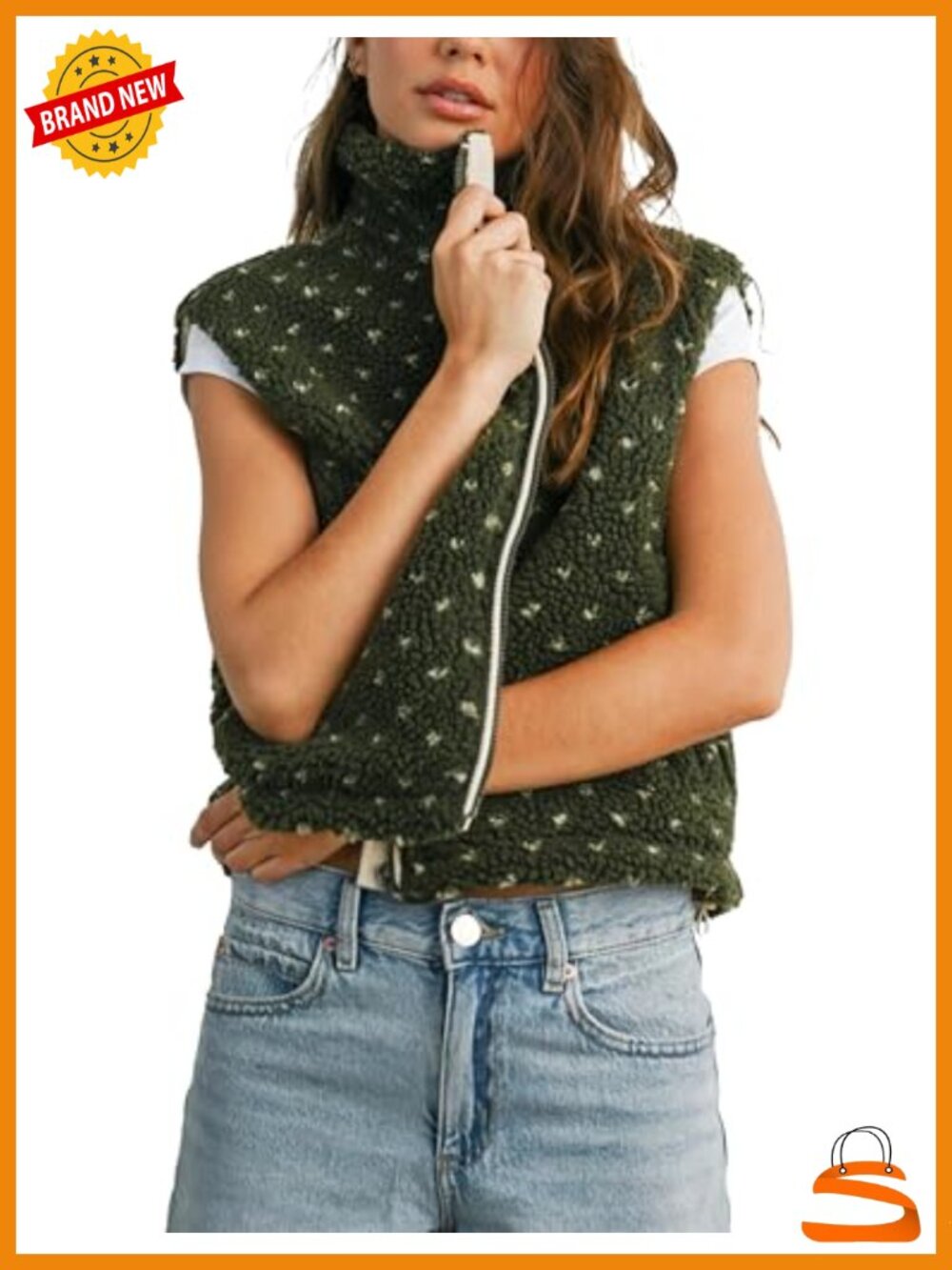 Fuzzy Fleece Vest Sleeveless Polka Dots Sherpa Jacket with Pockets
